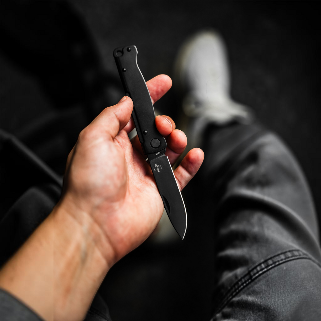 HUNTERLASE Böker Plus Atlas All Black Taschenmesser aus Edelstahl mit schwarzer Klinge in der Hand gehalten
