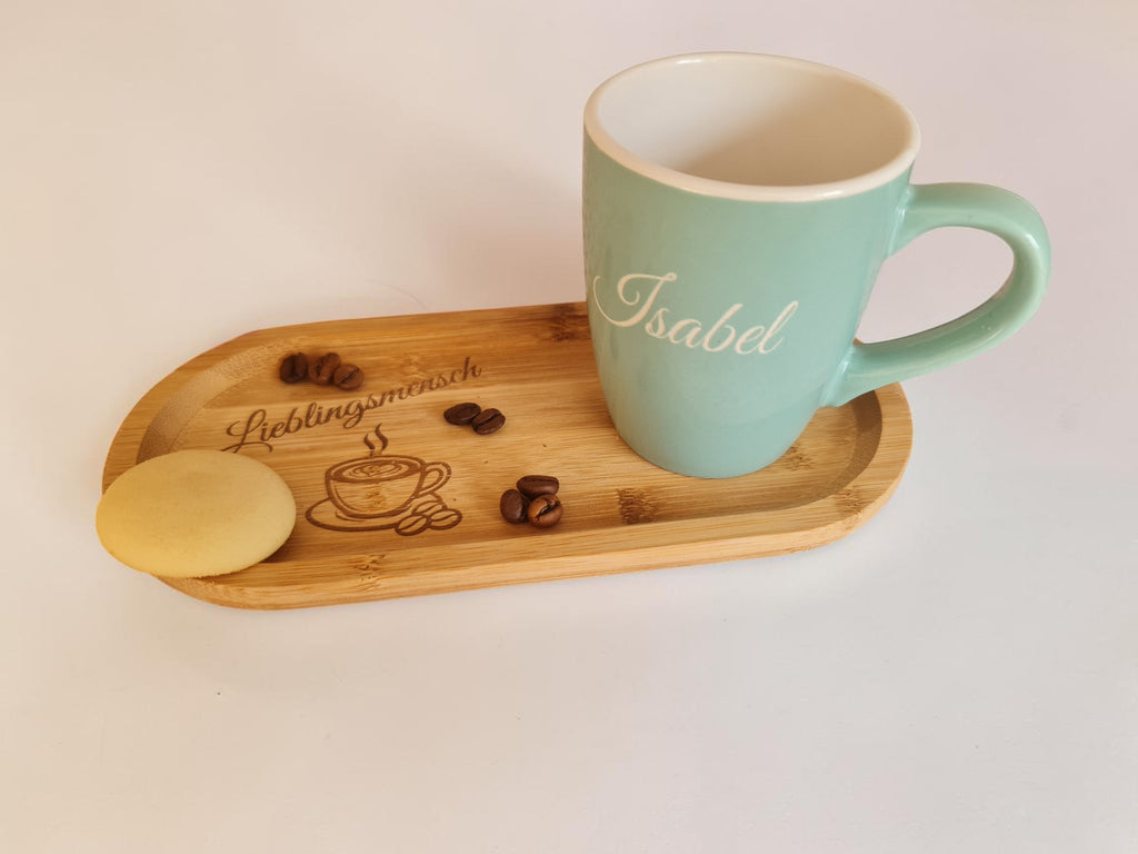 Personalisierte Tasse mit Bambus-Tablett