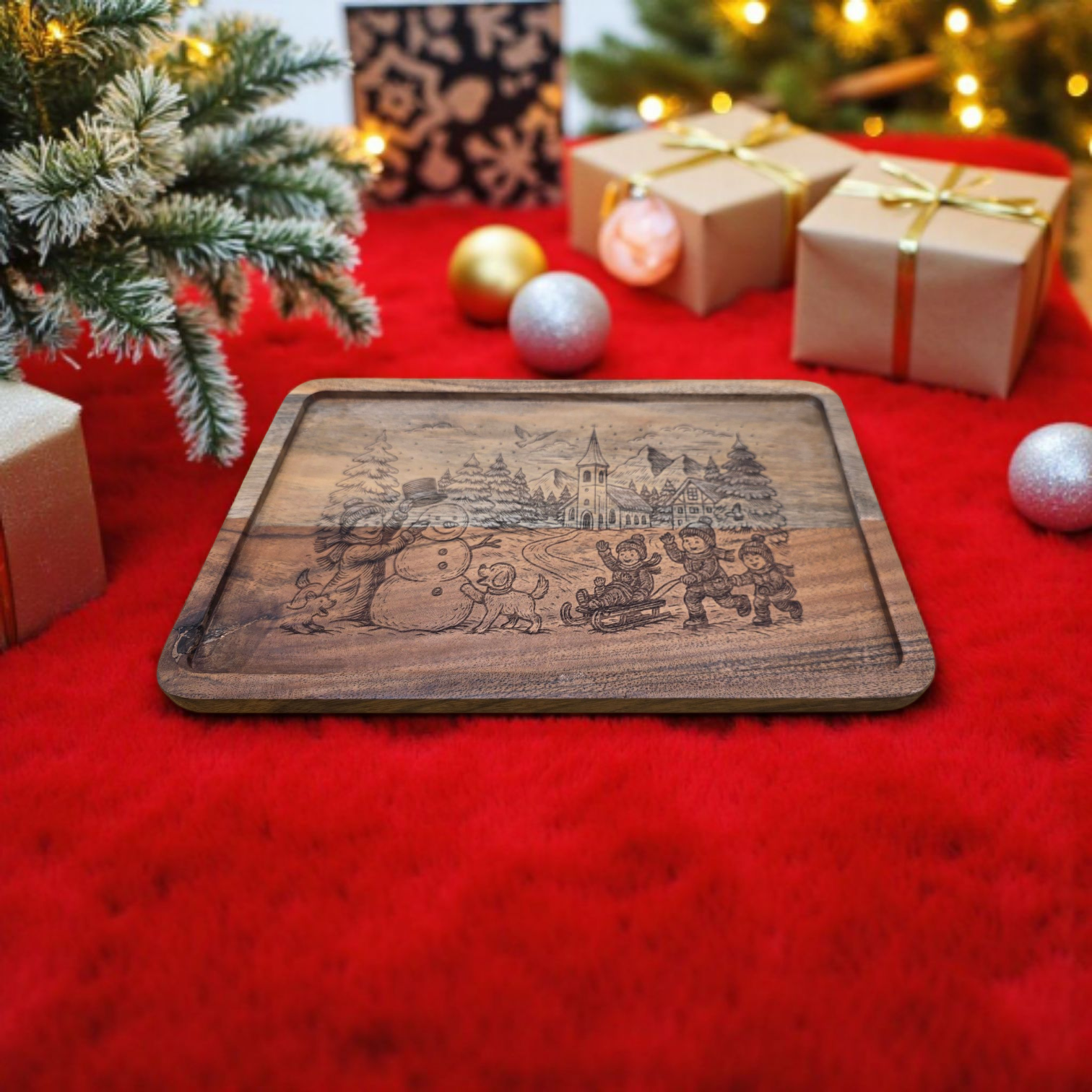 Winterliches Servierbrett aus Akazienholz – mit liebevoller Gravur