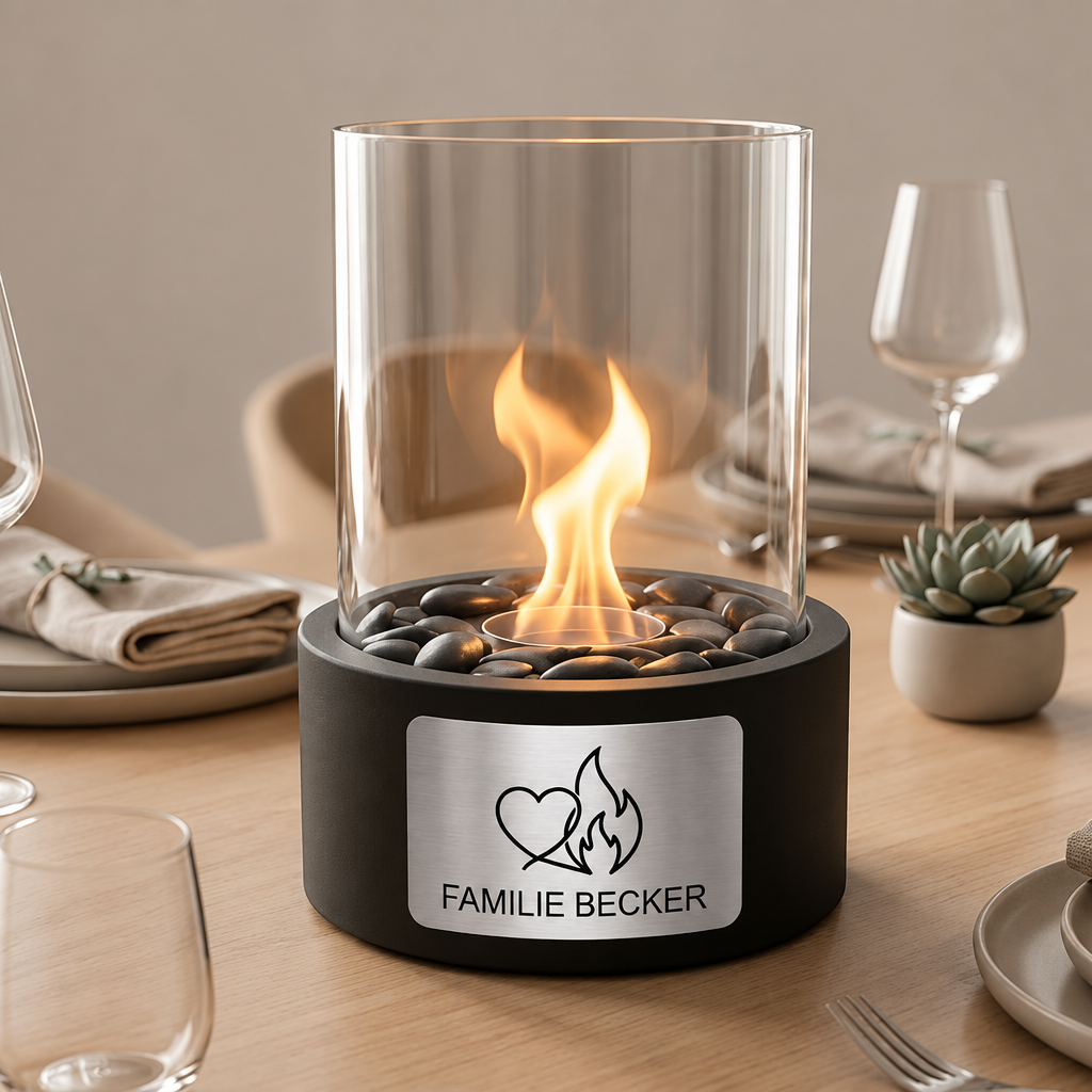 HUNTERLASE Tischkamin Atmosphere in Schwarz mit Glaszylinder, schwarzen Dekosteinen und personalisierter Gravurplatte