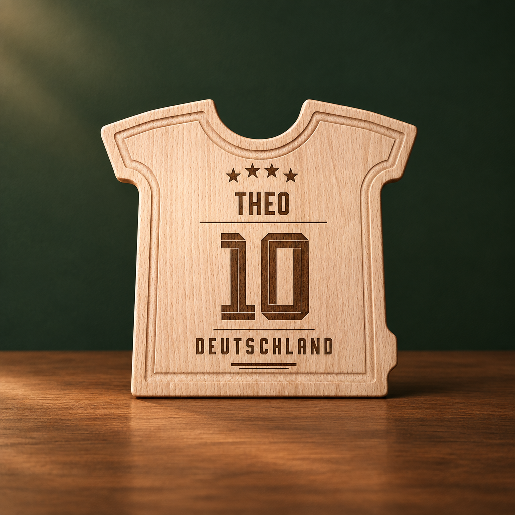 Schneidebrett T-Shirt / Trikot Buchenholz 25 x 28 x 1,5 cm mit Gravur