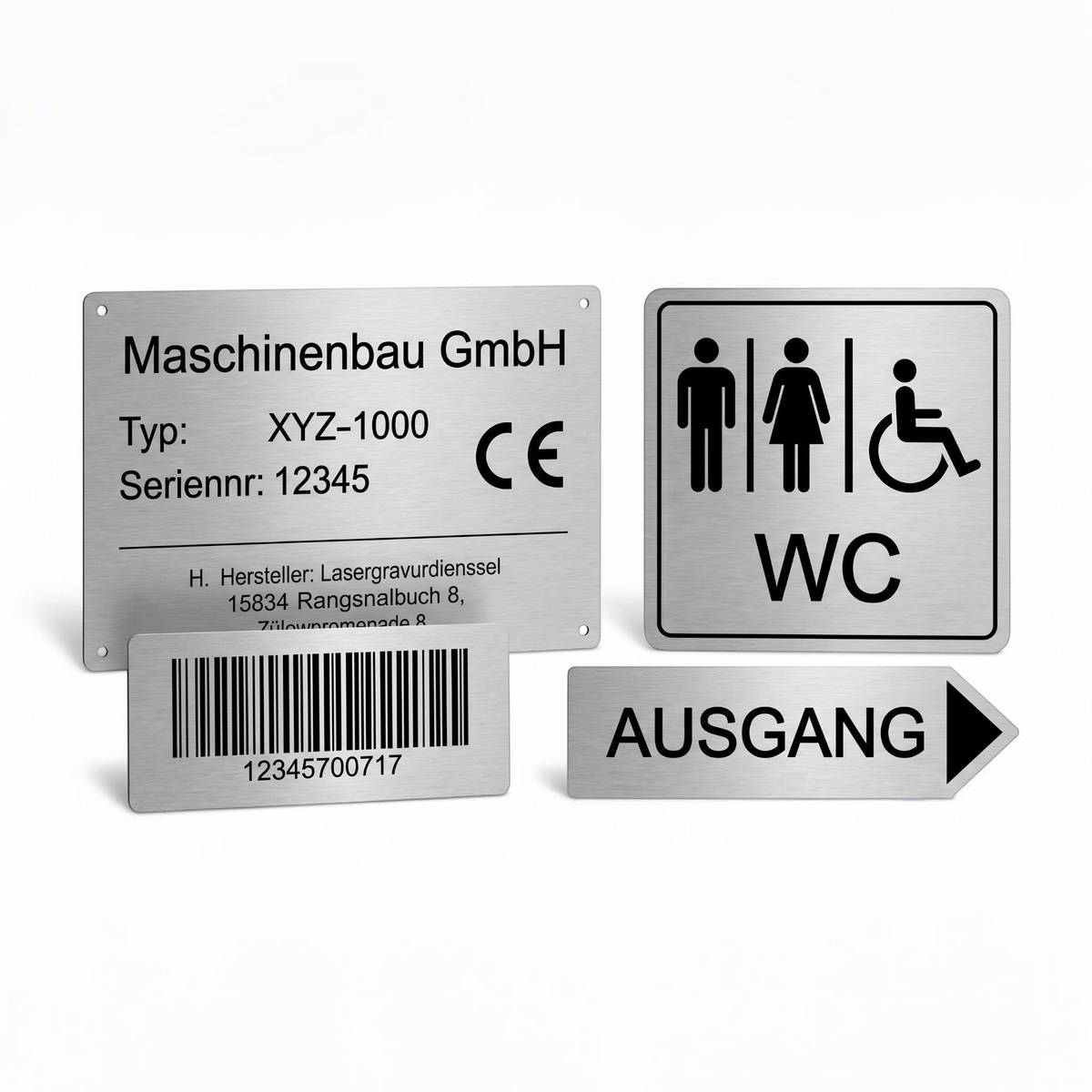 HUNTERLASE Firmenschilder und Hinweisschilder in gebürsteter Edelstahl-Optik mit präziser schwarzer Lasergravur.