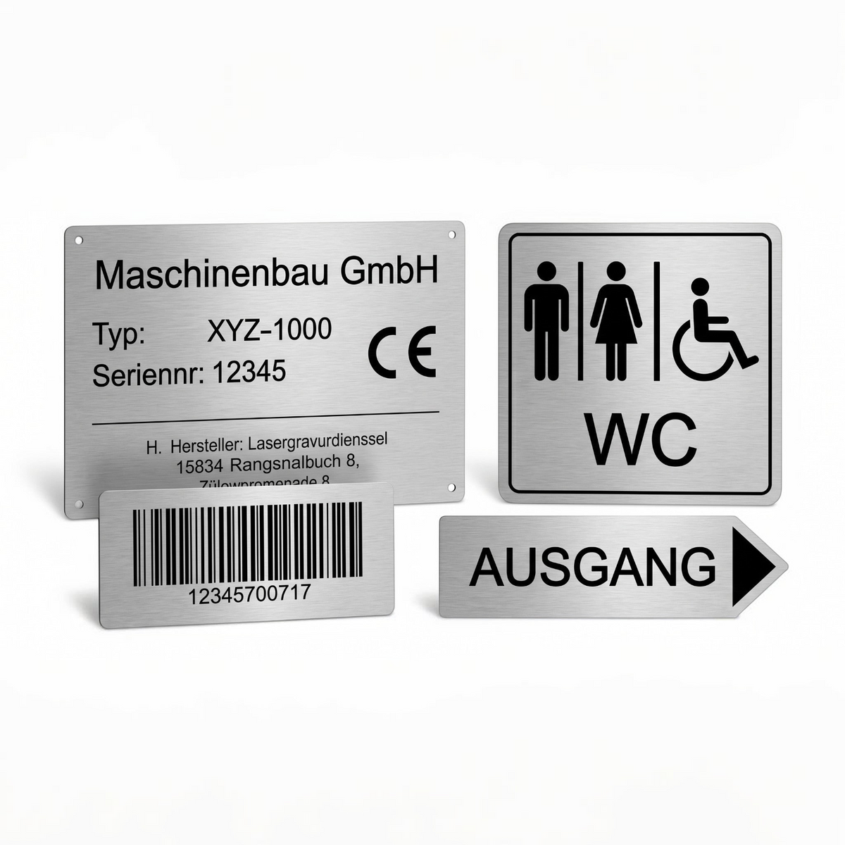 HUNTERLASE Firmenschilder aus gebürstetem Edelstahl mit präziser schwarzer Lasergravur für verschiedene Anwendungen.