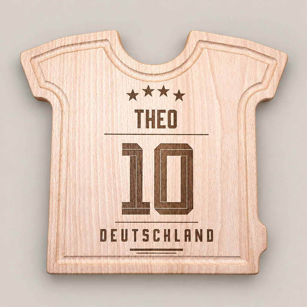 Schneidebrett T-Shirt / Trikot Buchenholz 25 x 28 x 1,5 cm mit Gravur