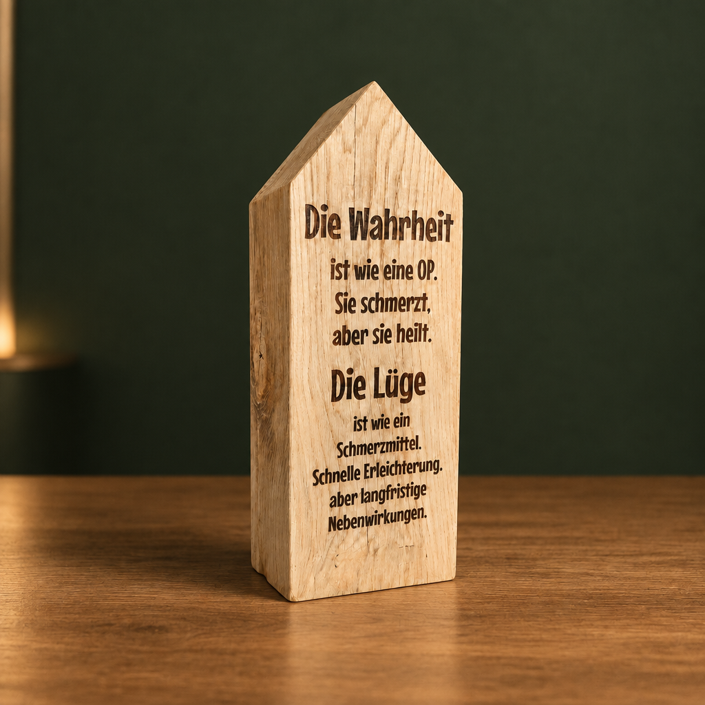 Massiver Eichenholz-Klotz in Hausform – mit persönlicher Gravur (120x120x250mm)