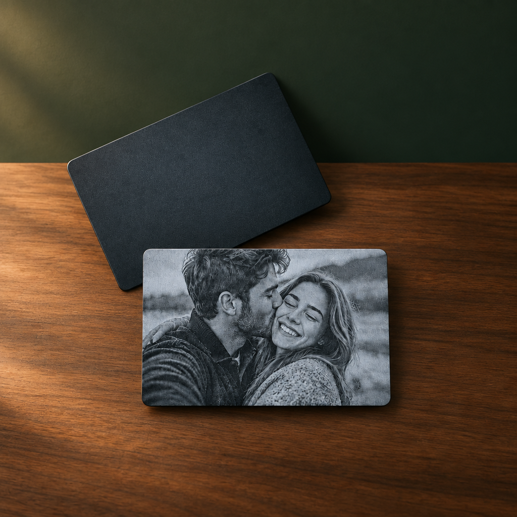 Personalisierte Aluminium Fotokarte (86 x 54 mm) – Ihr Lieblingsmoment als edle Lasergravur