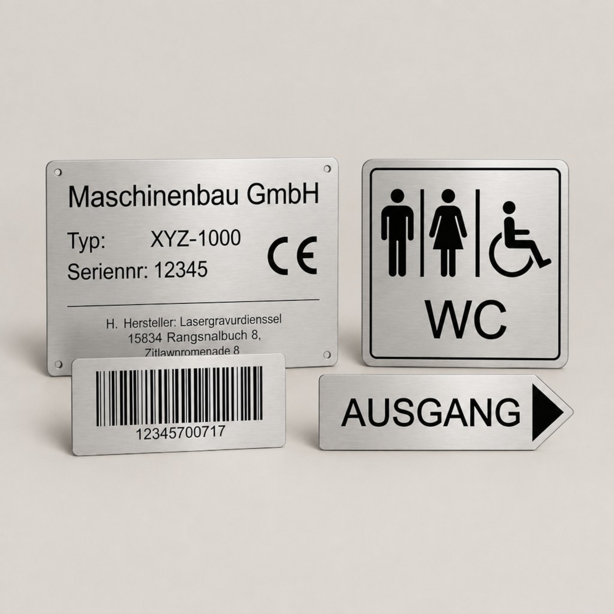 HUNTERLASE Firmenschilder und Hinweisschilder aus gebürstetem Edelstahl mit präziser schwarzer Lasergravur.