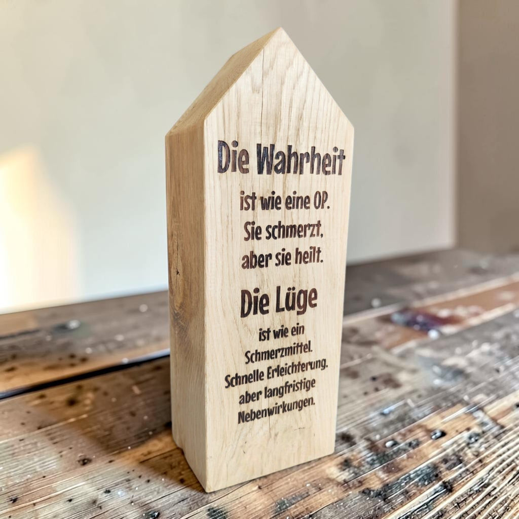 HUNTERLASE Eichenholz-Klotz in Hausform mit individueller Gravur, naturbelassenes Massivholz mit dekorativer Maserung.
