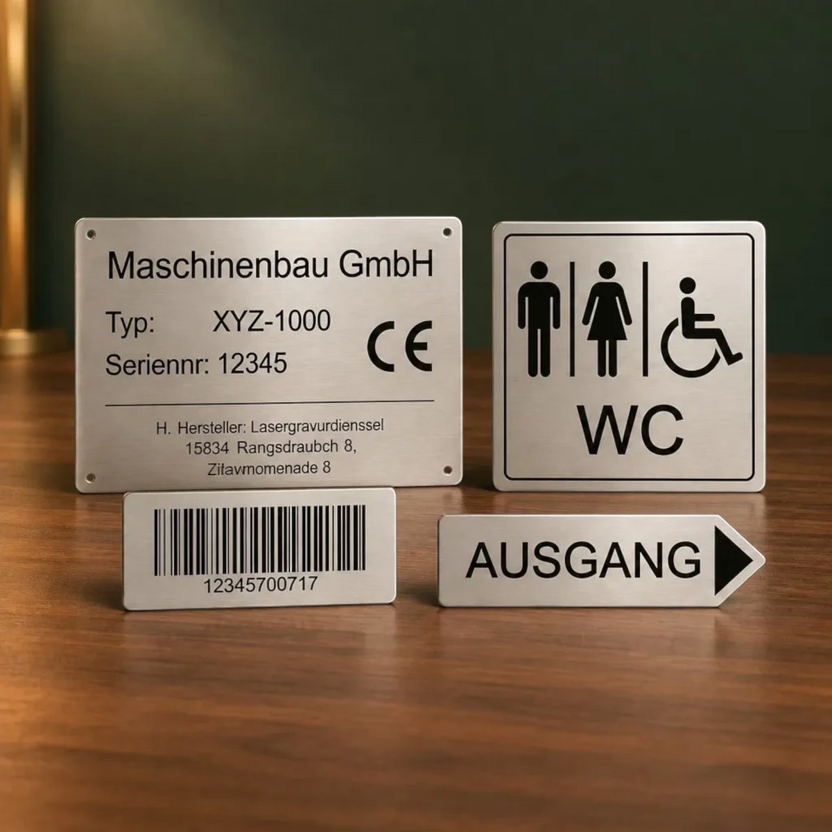 HUNTERLASE Firmenschilder und Hinweisschilder in gebürsteter Edelstahl-Optik mit präziser schwarzer Lasergravur