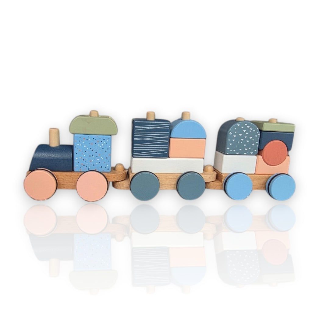 HUNTERLASE personalisierter Holz-Zug „Arctic“ mit bunten Bausteinen und Lasergravur, ideal als Geschenk.