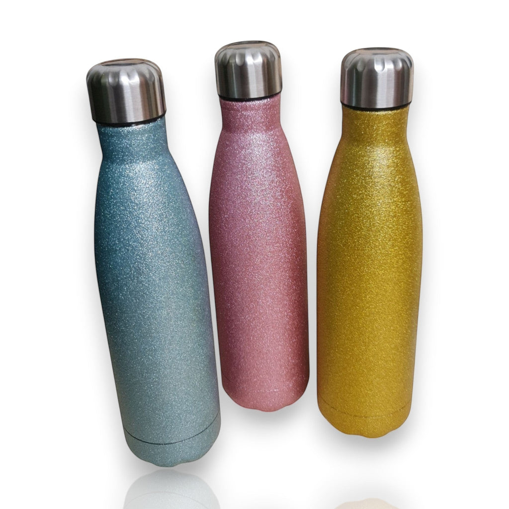 HUNTERLASE Thermoflasche in Glitzer-Pink, Blau und Gold mit silbernem Schraubverschluss. Ideal für heiße und kalte Getränke.