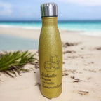 HUNTERLASE gold glitzernde Thermoflasche mit Gravur "Eiskalte Frische für heiße Sommertage" und Eiswürfel-Motiv