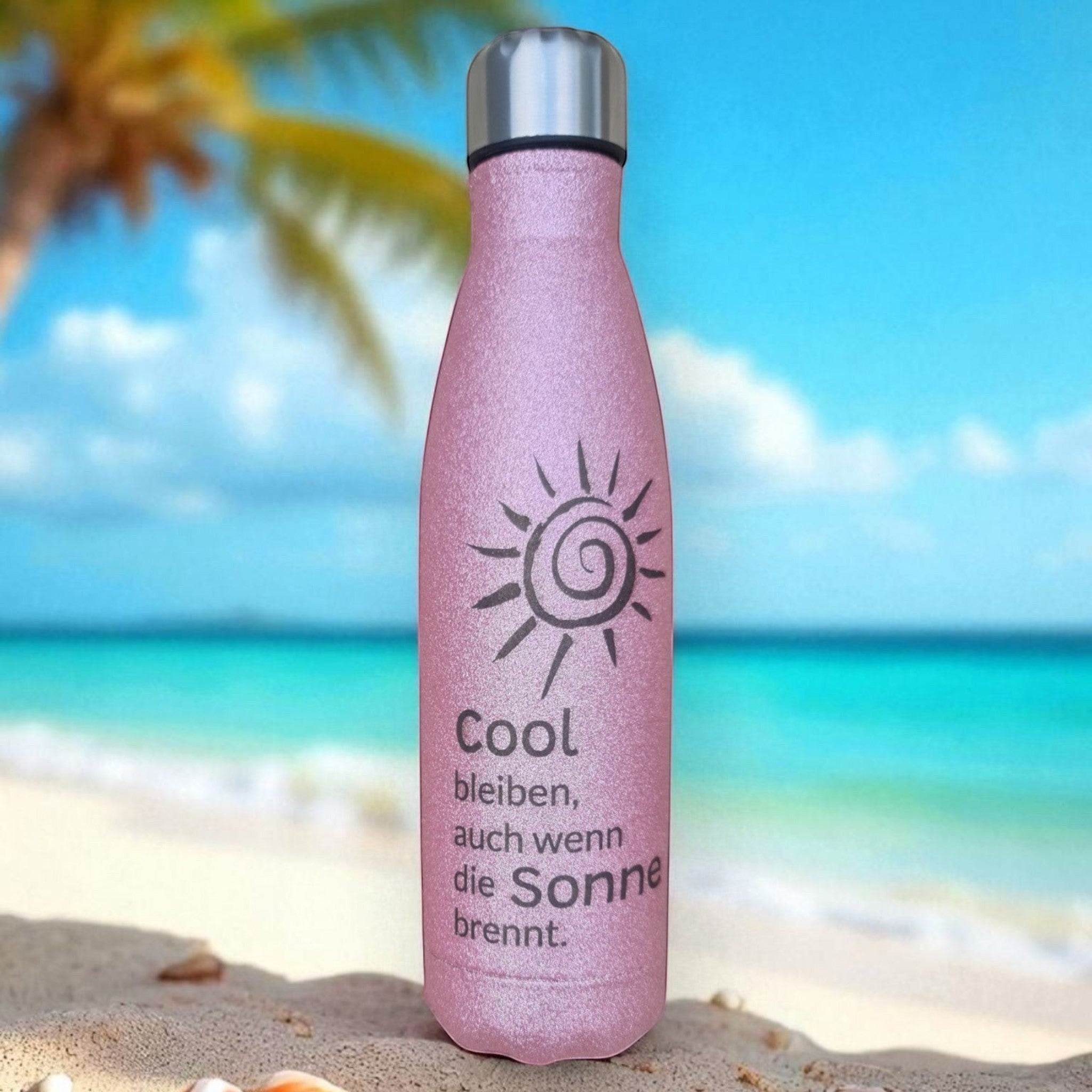 HUNTERLASE Thermoflasche Pink Glitzer mit Gravur und Sonnensymbol, ideal für den Sommer