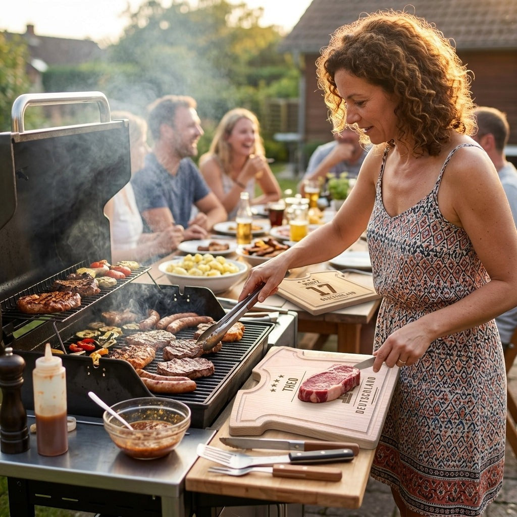 HUNTERLASE Schneidebrett aus Buchenholz in Trikot-Form mit Gravur beim Grillen im Garten mit Freunden