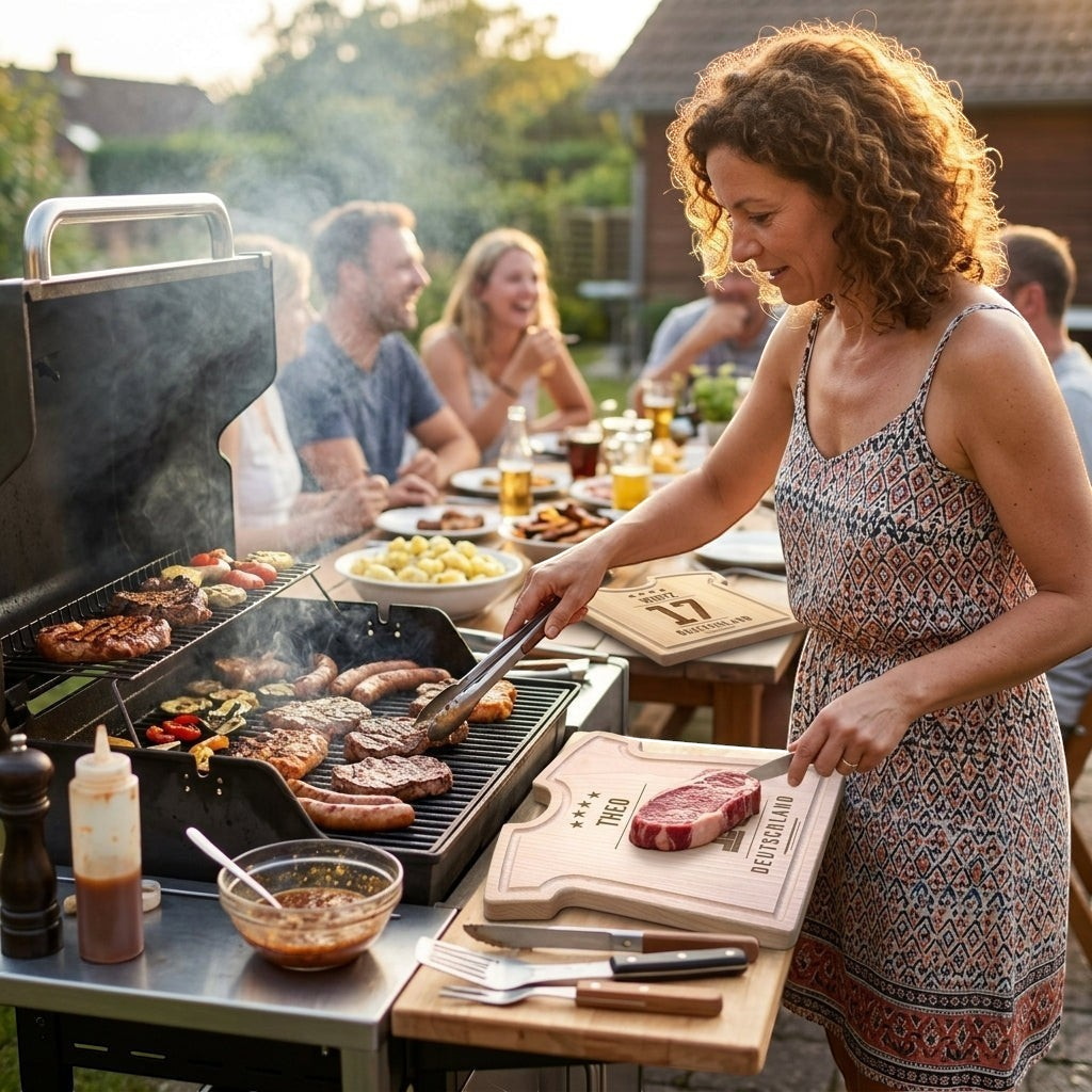 HUNTERLASE Schneidebrett aus Buchenholz in Trikot-Form mit Gravur beim Grillen im Garten mit Freunden