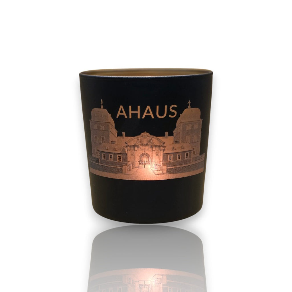 HUNTERLASE dunkles Windlicht mit Ahaus-Gravur und Kerzenlicht, matt, Zylinderform