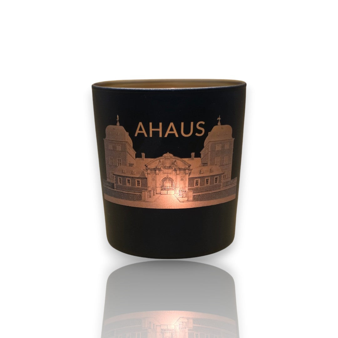 HUNTERLASE dunkles Windlicht mit Ahaus-Gravur und Kerzenlicht, matt, Zylinderform