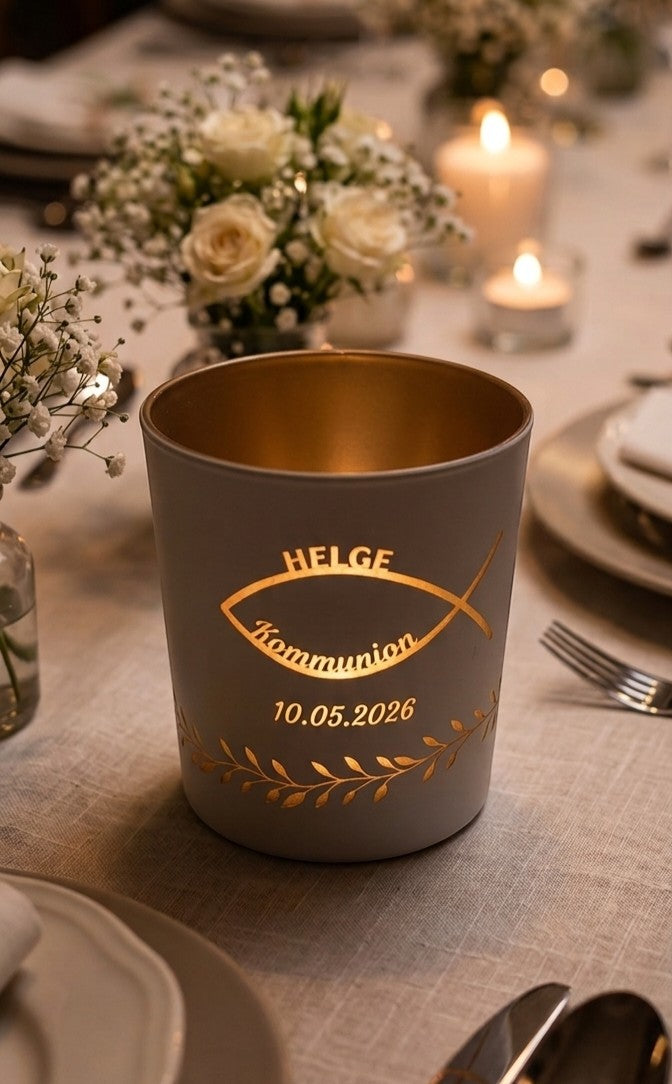 HUNTERLASE weißes Windlicht mit goldenem Fischsymbol, Schriftzug "Kommunion" und Datum, für Tischdeko