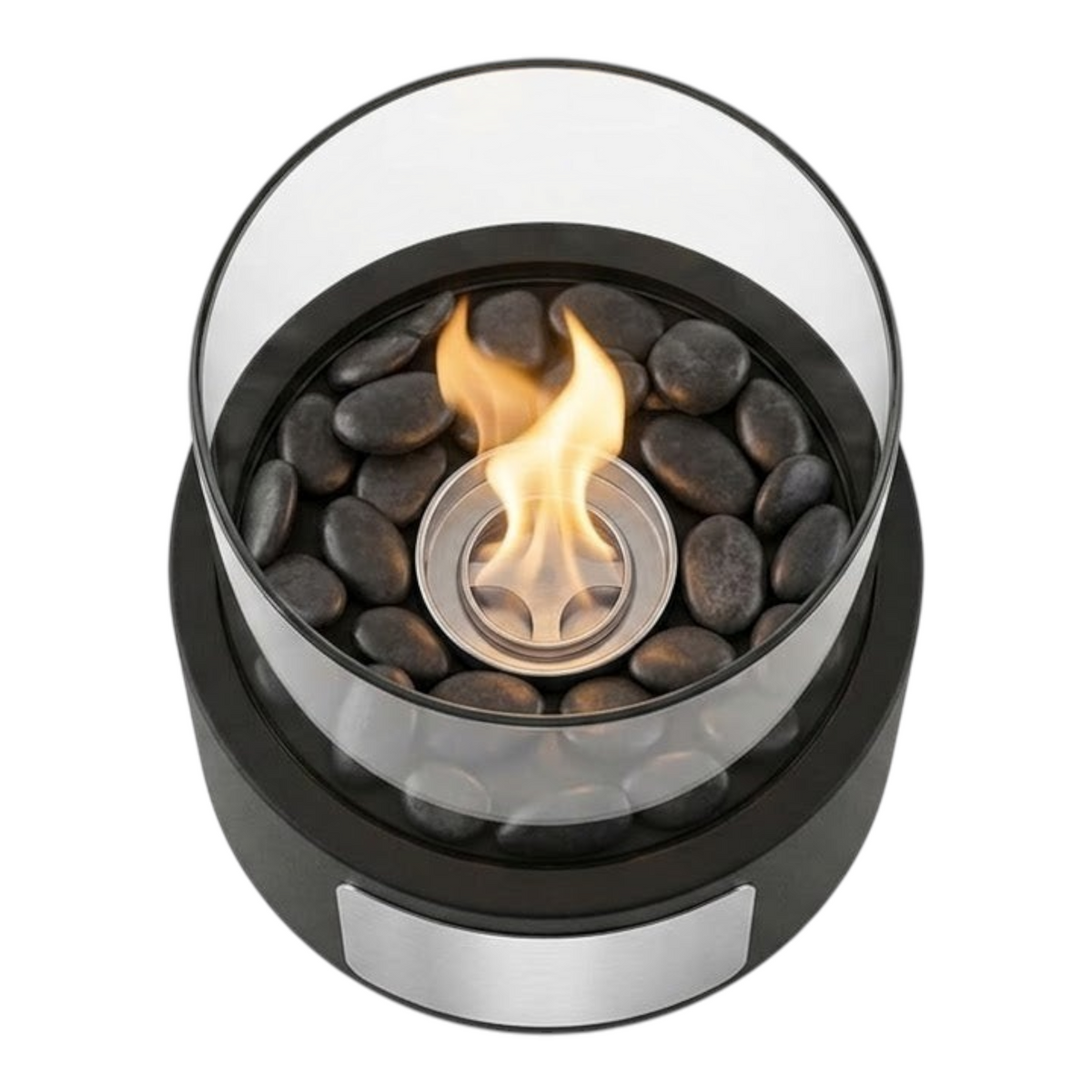 HUNTERLASE Tischkamin Atmosphere in Schwarz mit brennender Flamme, Glaszylinder, schwarzen Steinen und Gravur-Plakette