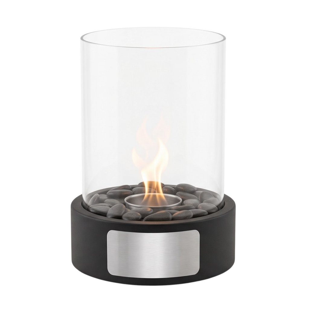 HUNTERLASE Tischkamin Atmosphere in Schwarz mit Glaszylinder, Dekosteinen und personalisierbarer Gravur-Plakette