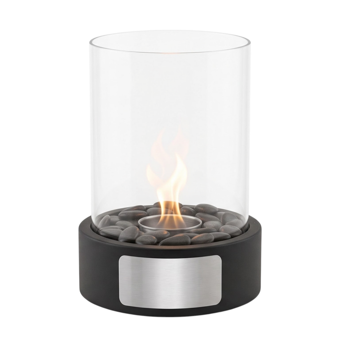 HUNTERLASE Tischkamin Atmosphere in Schwarz mit Glaszylinder, Dekosteinen und personalisierbarer Gravur-Plakette