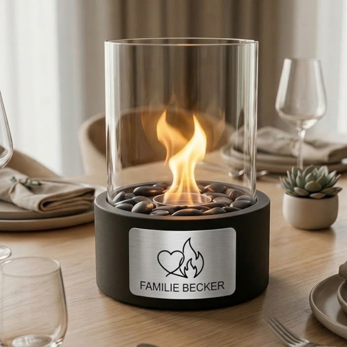 HUNTERLASE Tischkamin Atmosphere in Schwarz mit brennender Flamme, Glaszylinder und personalisierter Gravur-Plakette