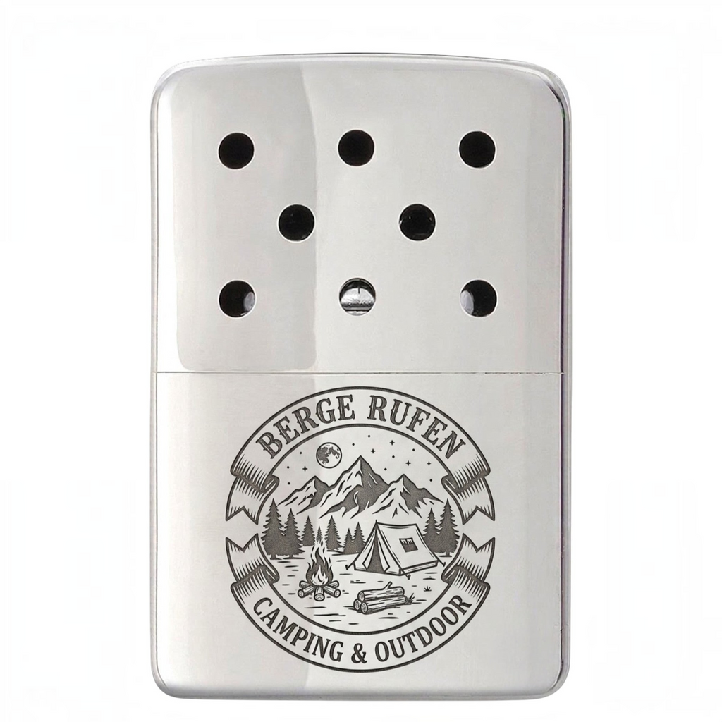 HUNTERLASE Zippo Handwärmer aus glänzendem Chrom mit individueller Lasergravur eines Berg- und Camping-Motivs