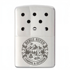 HUNTERLASE Zippo Handwärmer aus glänzendem Chrom mit individueller Lasergravur eines Berg- und Camping-Motivs
