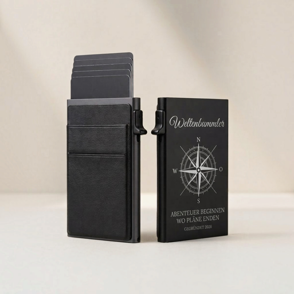HUNTERLASE Slim Wallet aus schwarzem Metall mit Kompass-Lasergravur und RFID-Schutz für Karten