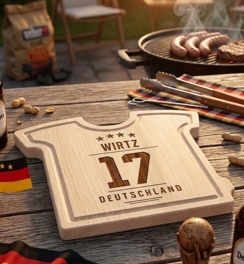 Schneidebrett T-Shirt / Trikot Buchenholz 25 x 28 x 1,5 cm mit Gravur